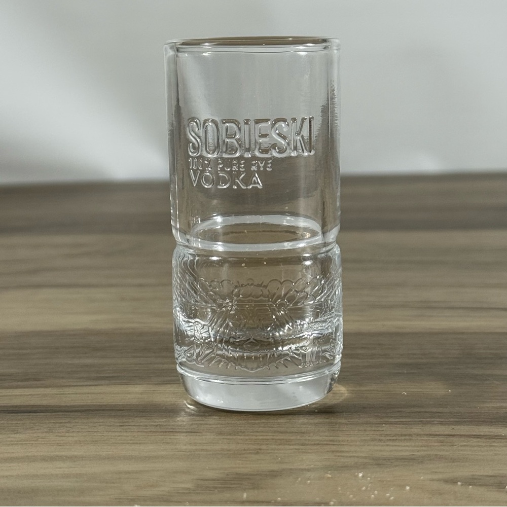 Sobieski Vodka Shot Glass Embossed Crown Logo Clear Commercial Grade